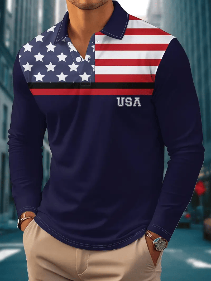 Camisa polo vintage Flag estampado de manga larga para hombre