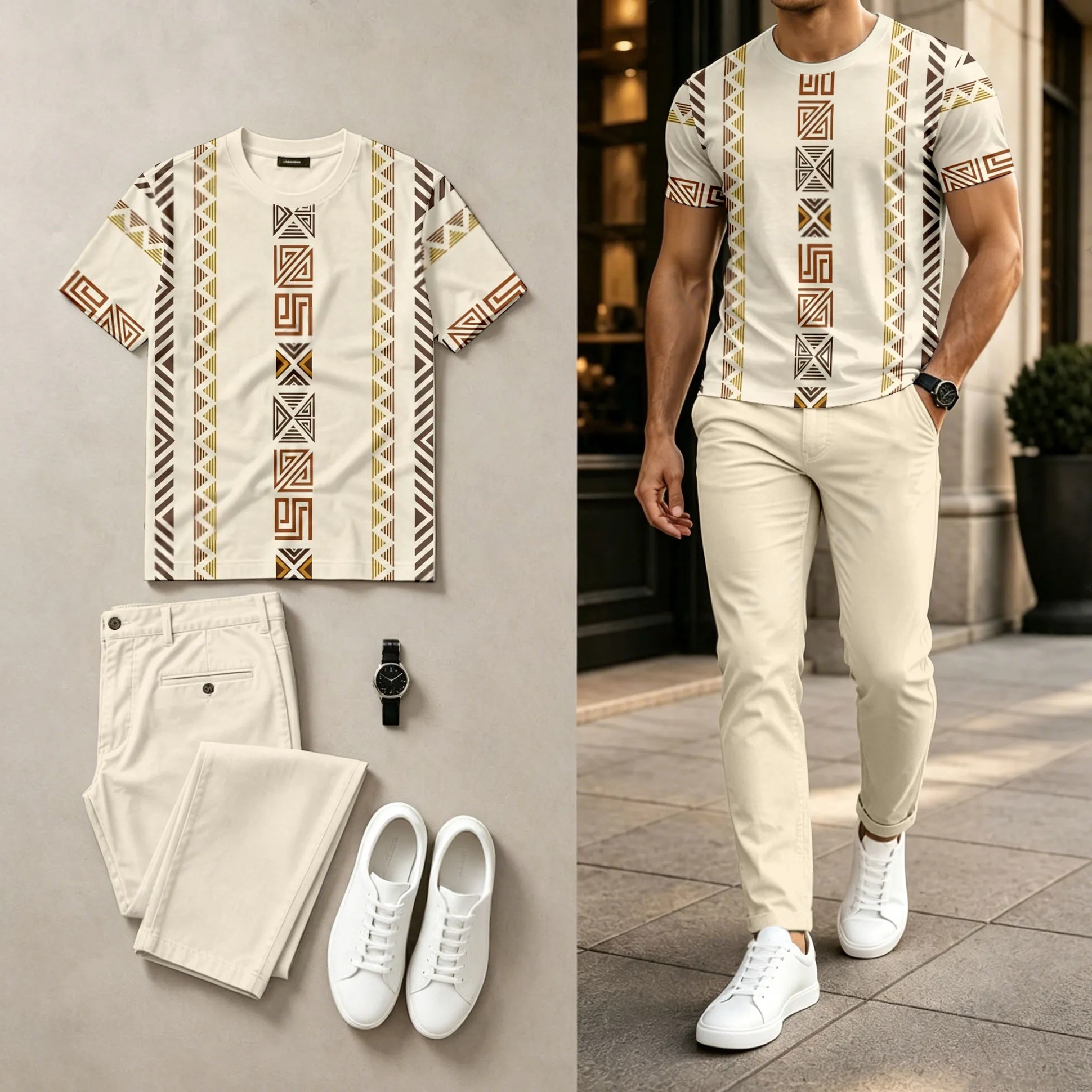 Conjunto de dos piezas casual Geometric estampado Round-Neck de manga corta Top And pantalón para hombre