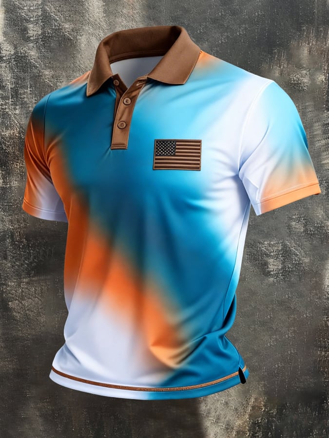 Retro Patriot en bloques de color Polo Collar de manga corta para hombre