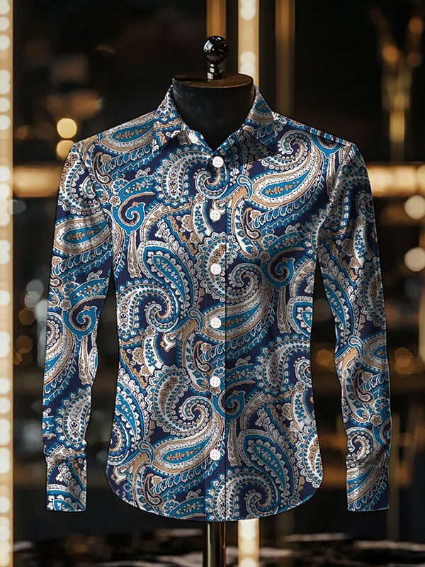 Camisa satén de lujo Ethnic Paisley de manga larga para hombre