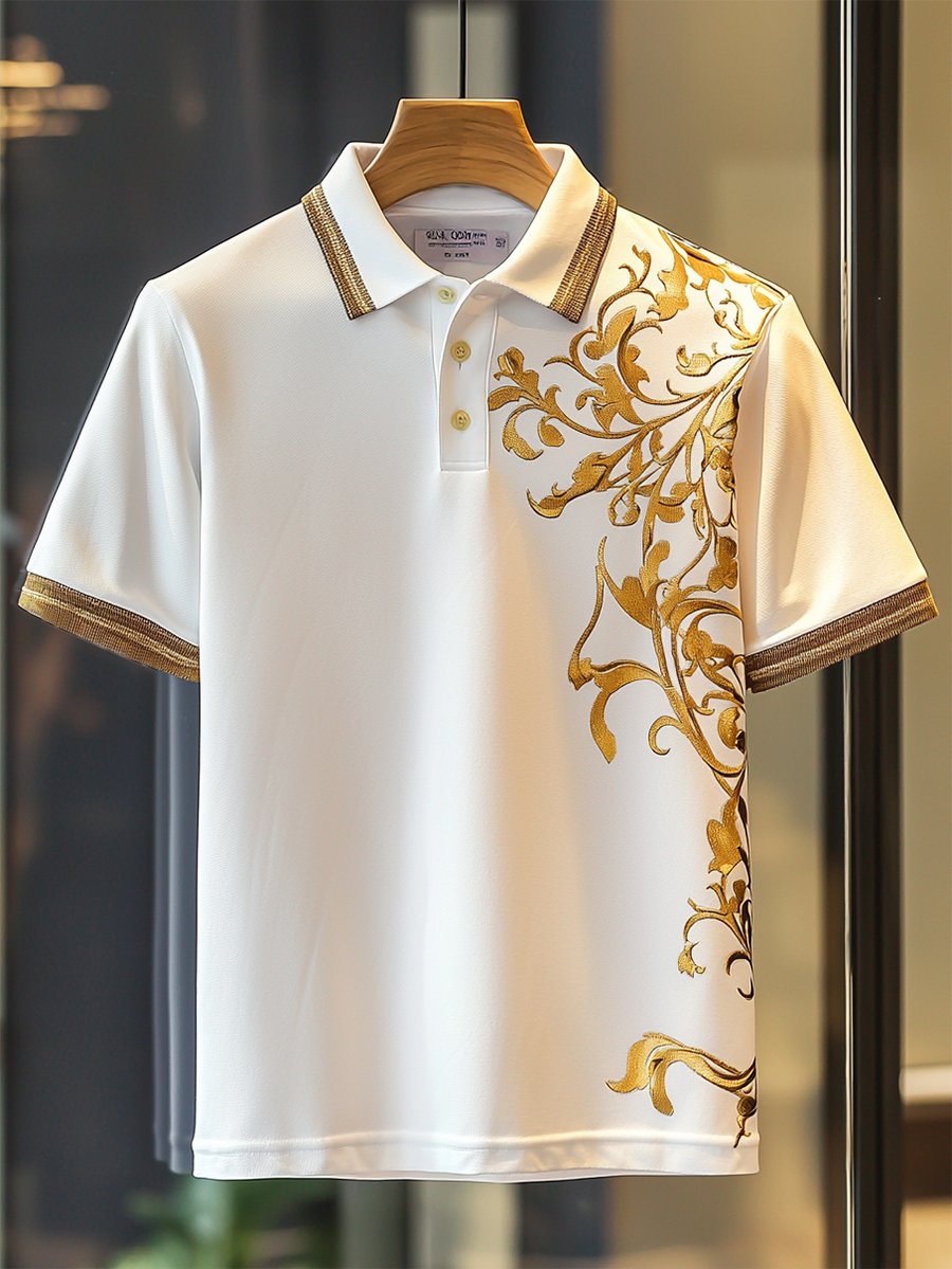 Camisa polo casual Festival Court estampado Button de manga corta para hombre