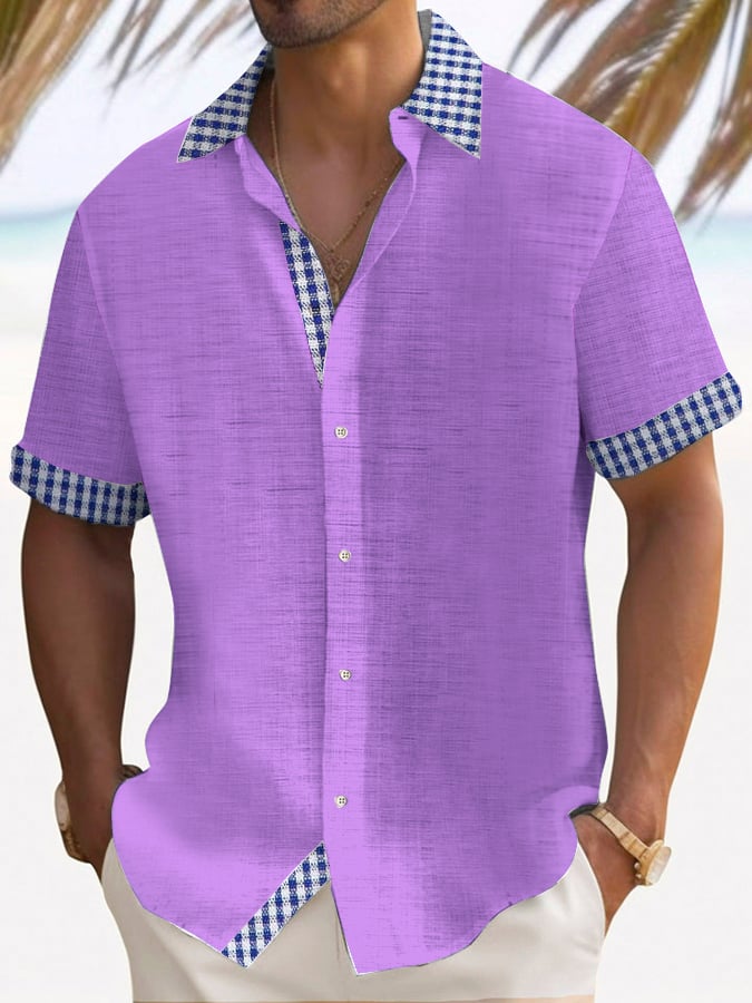 Camisa retro a cuadros Contrast Design casual de manga corta para hombre