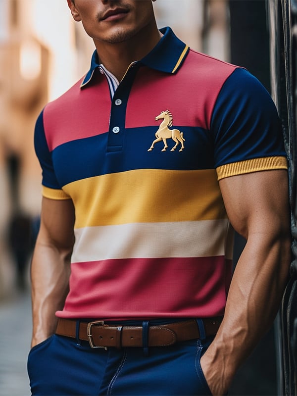 Camisa polo ejecutivo rayas Logo con botones de manga corta para hombre
