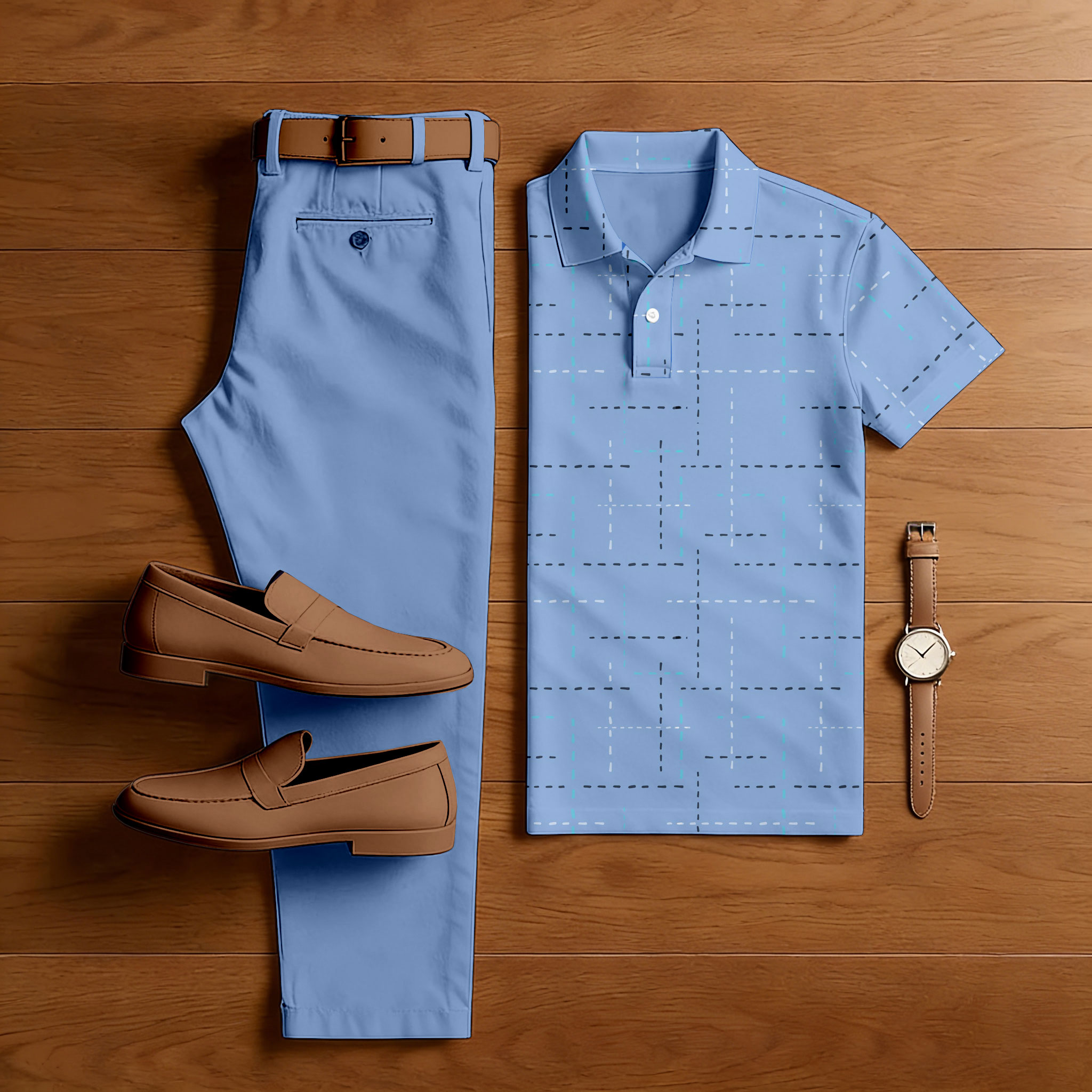 Conjunto de dos piezas casual Blue Color Matching Checkered estampado de manga corta camisa polo & Trousers para hombre