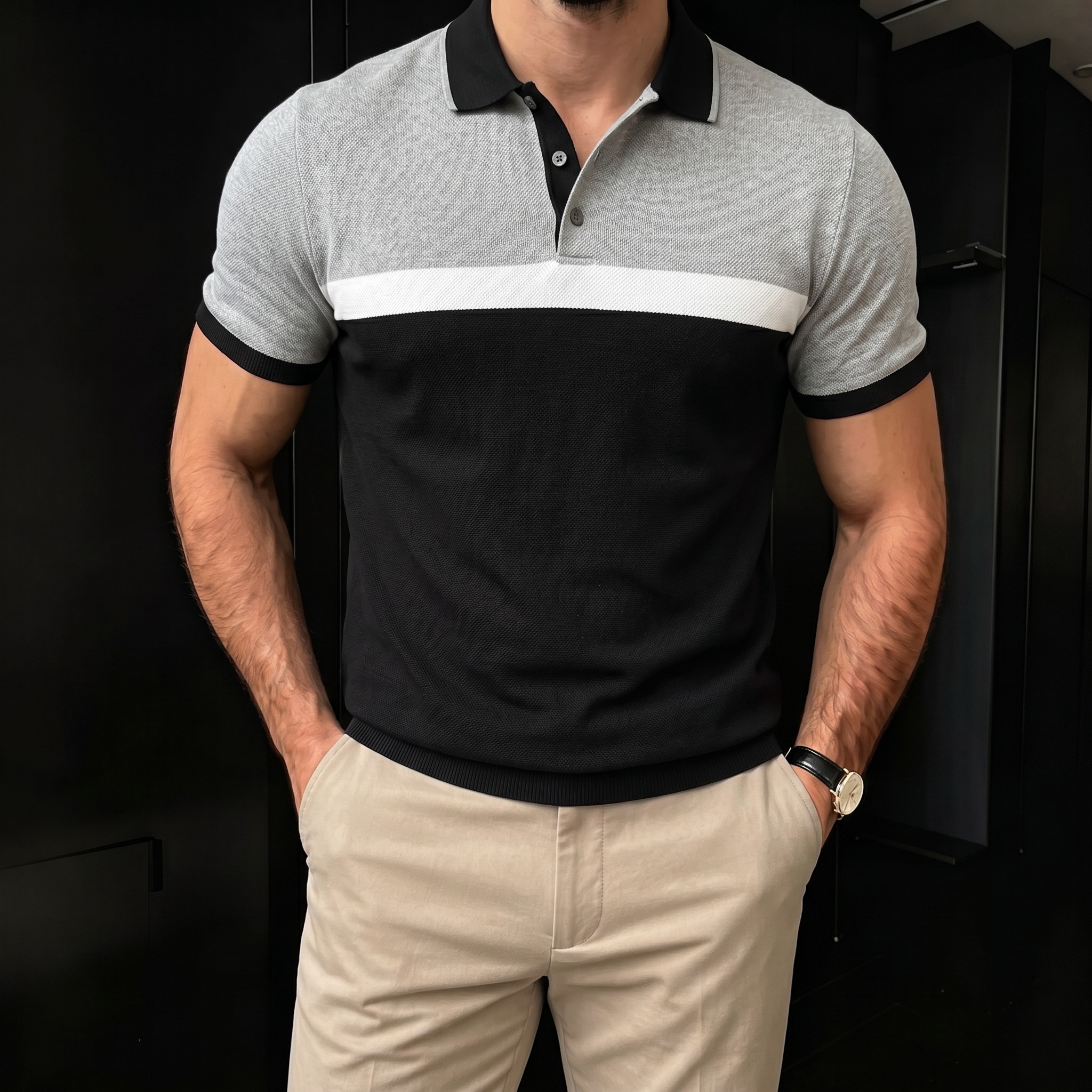 Camisa polo casual Black And Gray Color Splice para hombre