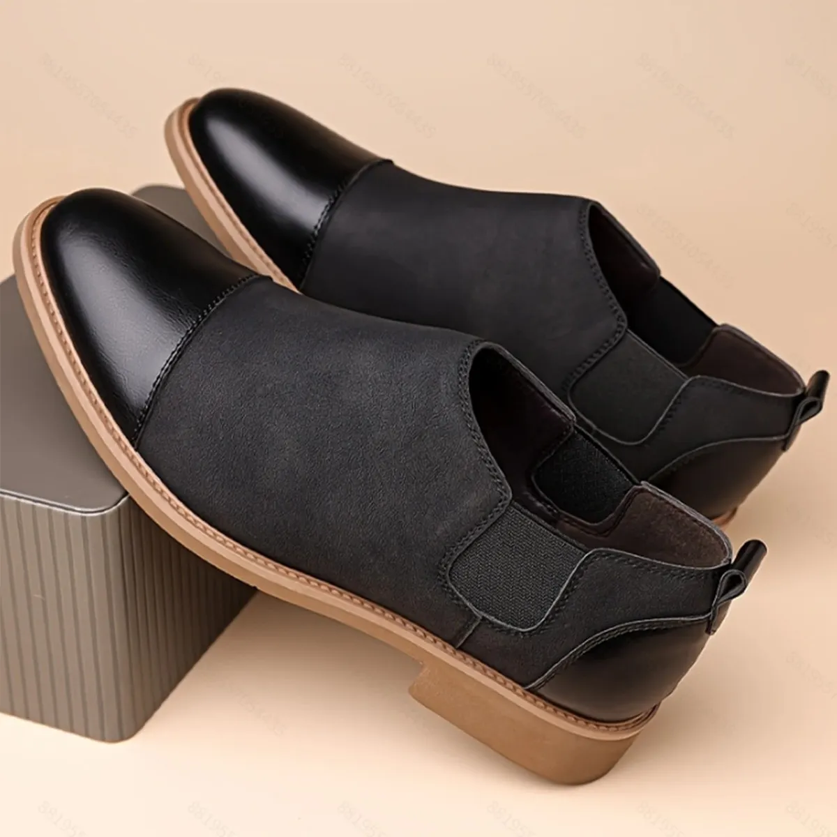 para hombre vintage Two Tone PU Leather Cap Toe Elastic Side Slip On Chelsea Ankle Boots