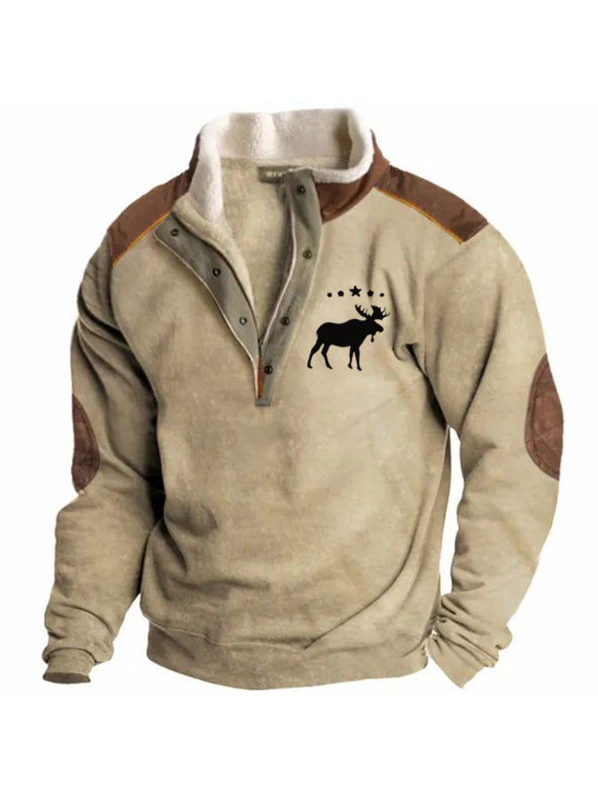 Sudadera retro Moose Creek Ethnic estampado Plush Half Open cuello Pullover para hombre