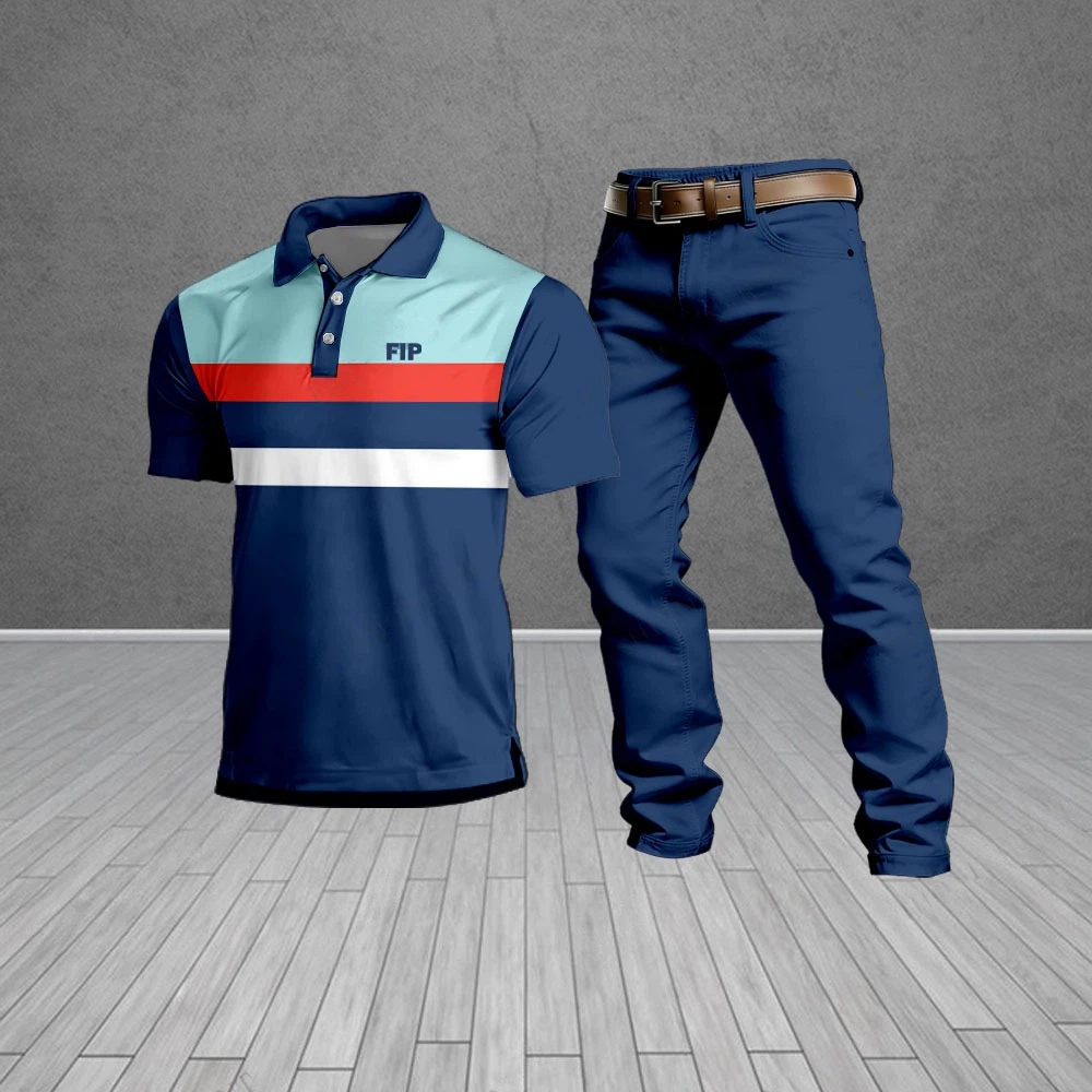 Conjunto de dos piezas casual Navy Blue Geometric Pattern de manga corta camisa polo And Trousers para hombre