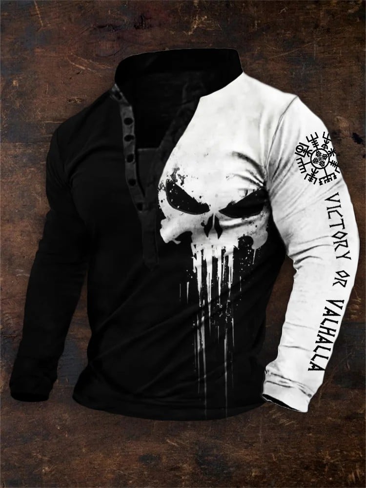 Sudadera vintage Victory Or Valhalla Vegvisir Skull Contrast estampado Henley cuello para hombre