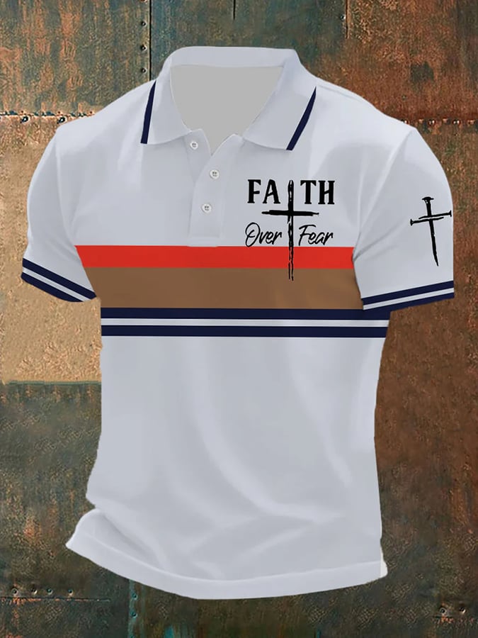 Camisa polo retro Faith “Faith Over Fear�? casual estampado para hombre