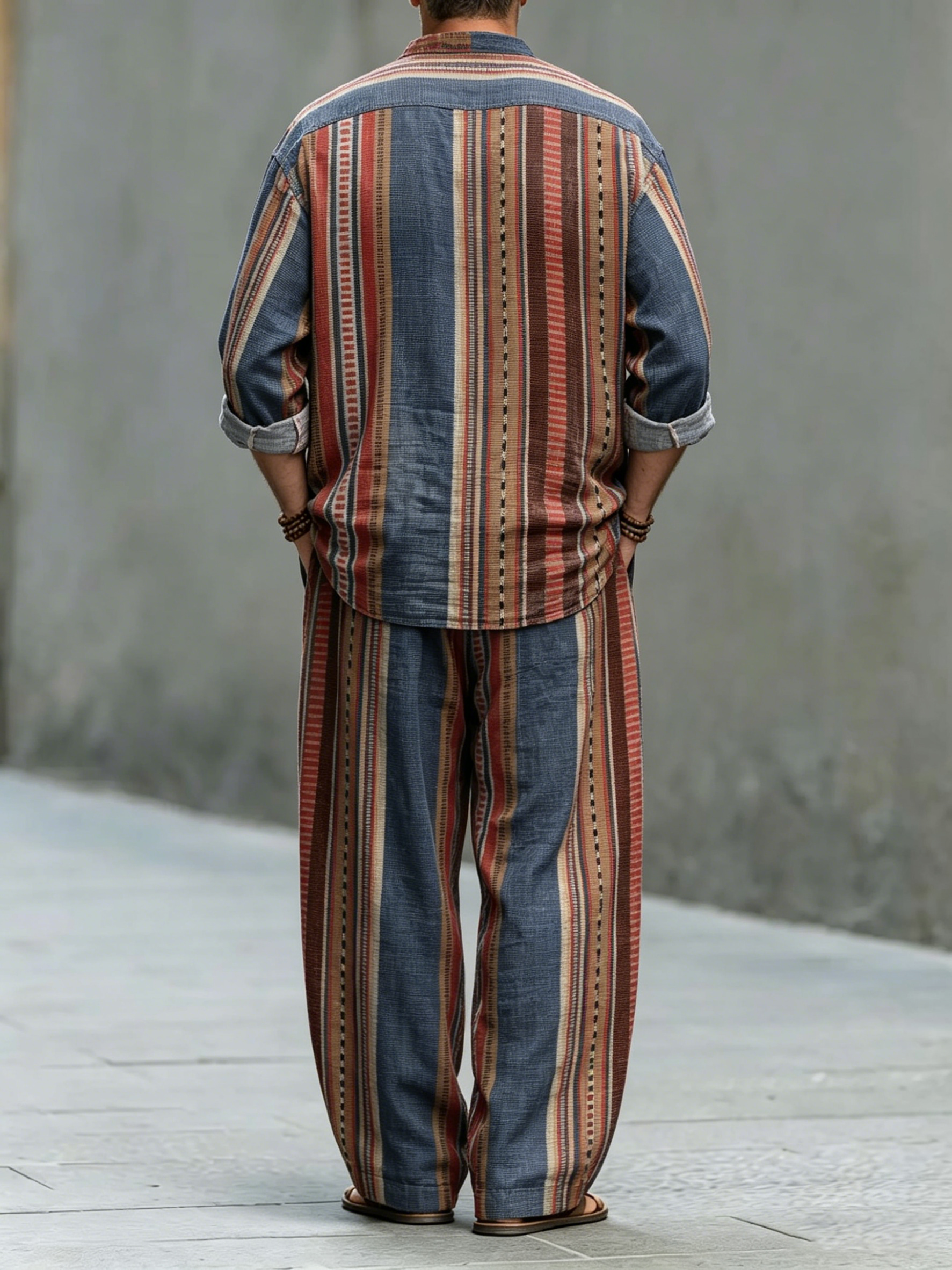 para hombre vintage Ethnic Stripes Print de algodón camisa Set