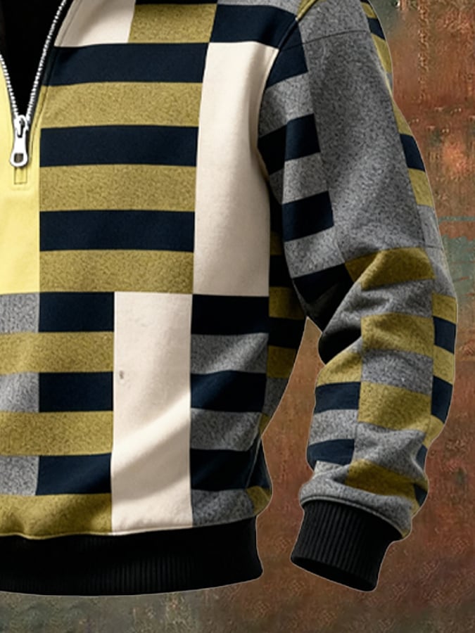 Sudadera retro en bloques de color estampado casual Fur cuello para hombre