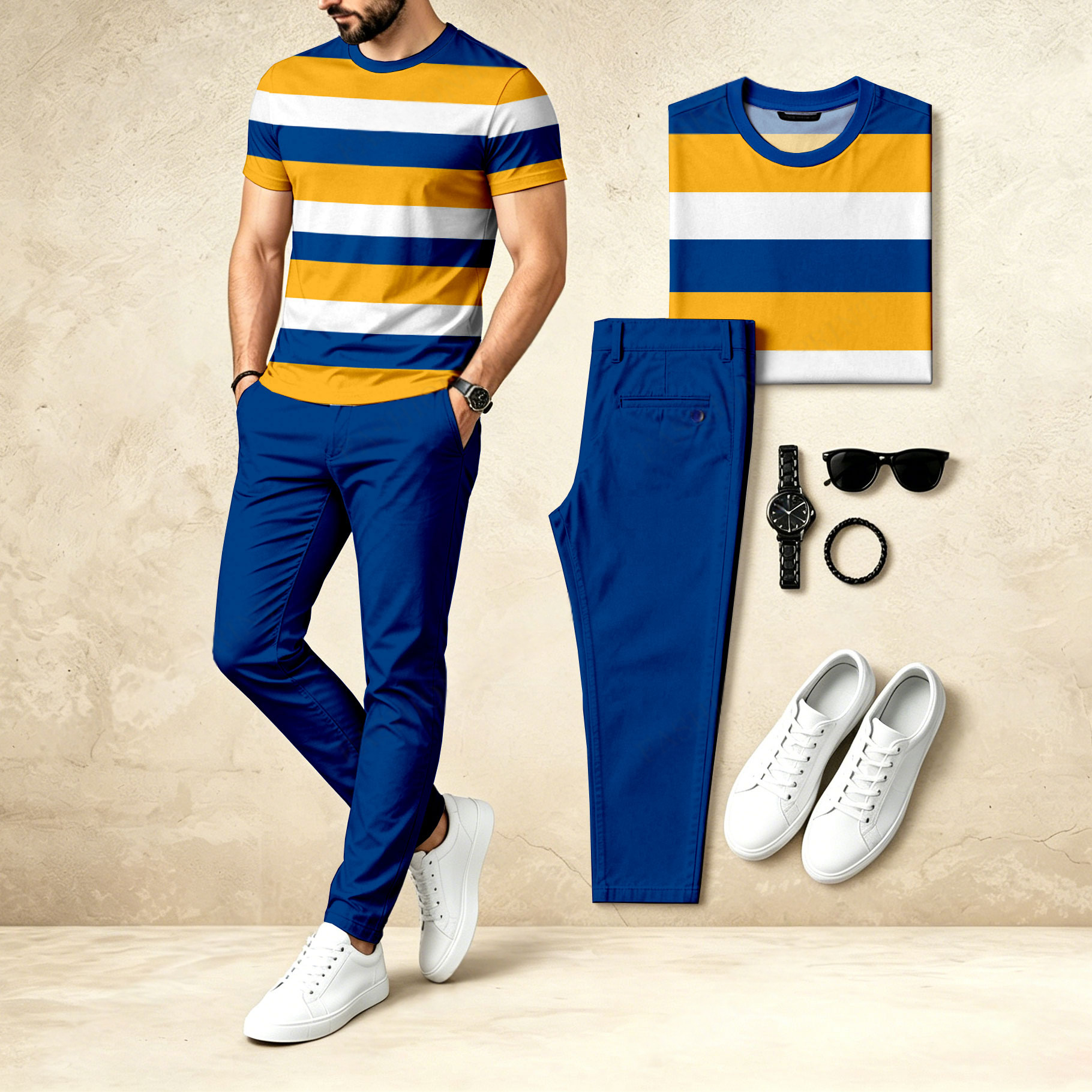 Conjunto de dos piezas casual : Yellow & Navy Blue estampado Crew Neck de manga corta Top & Long pantalón para hombre