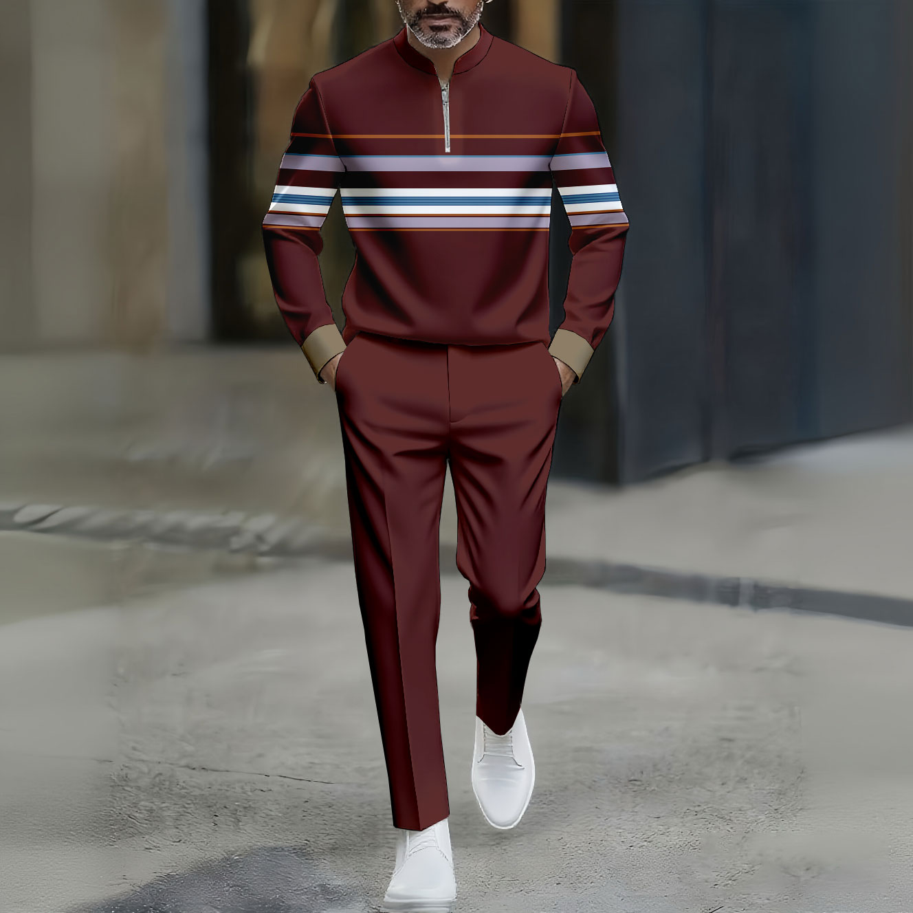 Conjunto de dos piezas casual Color Matching a rayas estampado Round-Neck Zipper de manga larga Trousers Maroon para hombre
