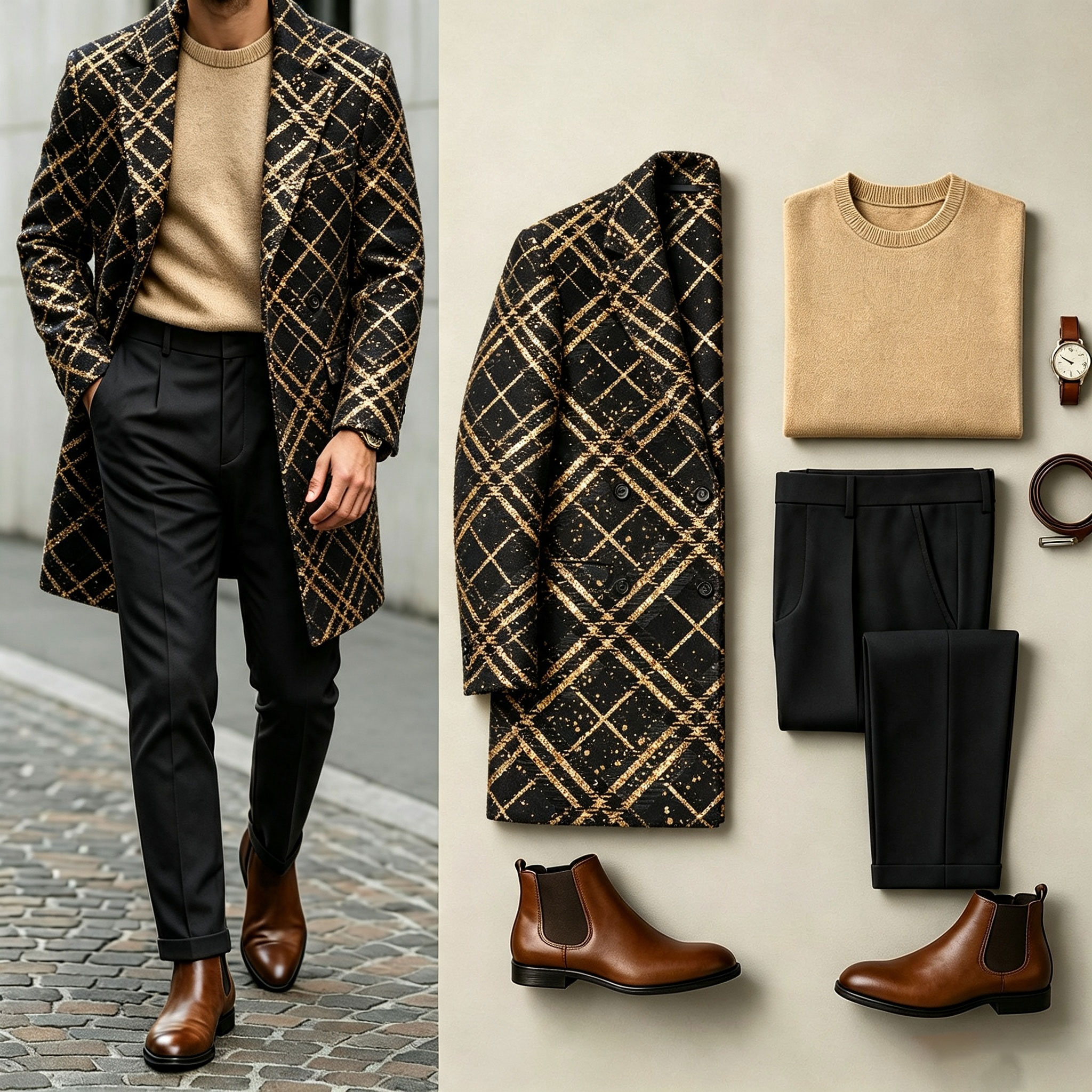 para hombre Three-Piece Set: Mid-Length Wool Coat, Crew-Neck Sweater, and Flowy Dress pantalón