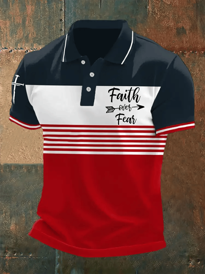 Camisa polo retro Faith “Faith Over Fear�? casual estampado para hombre