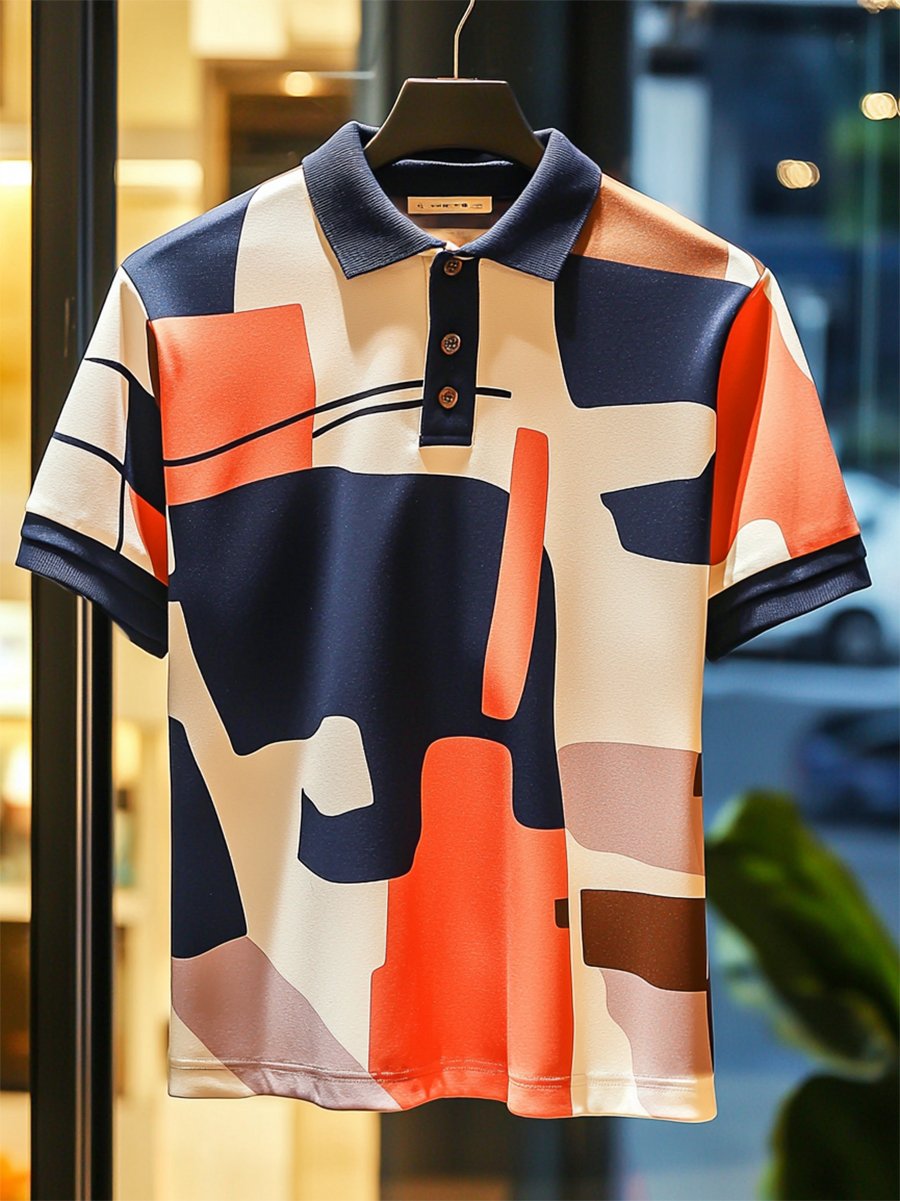 Camisa polo ejecutivo casual Bauhaus estampado Button de manga corta para hombre