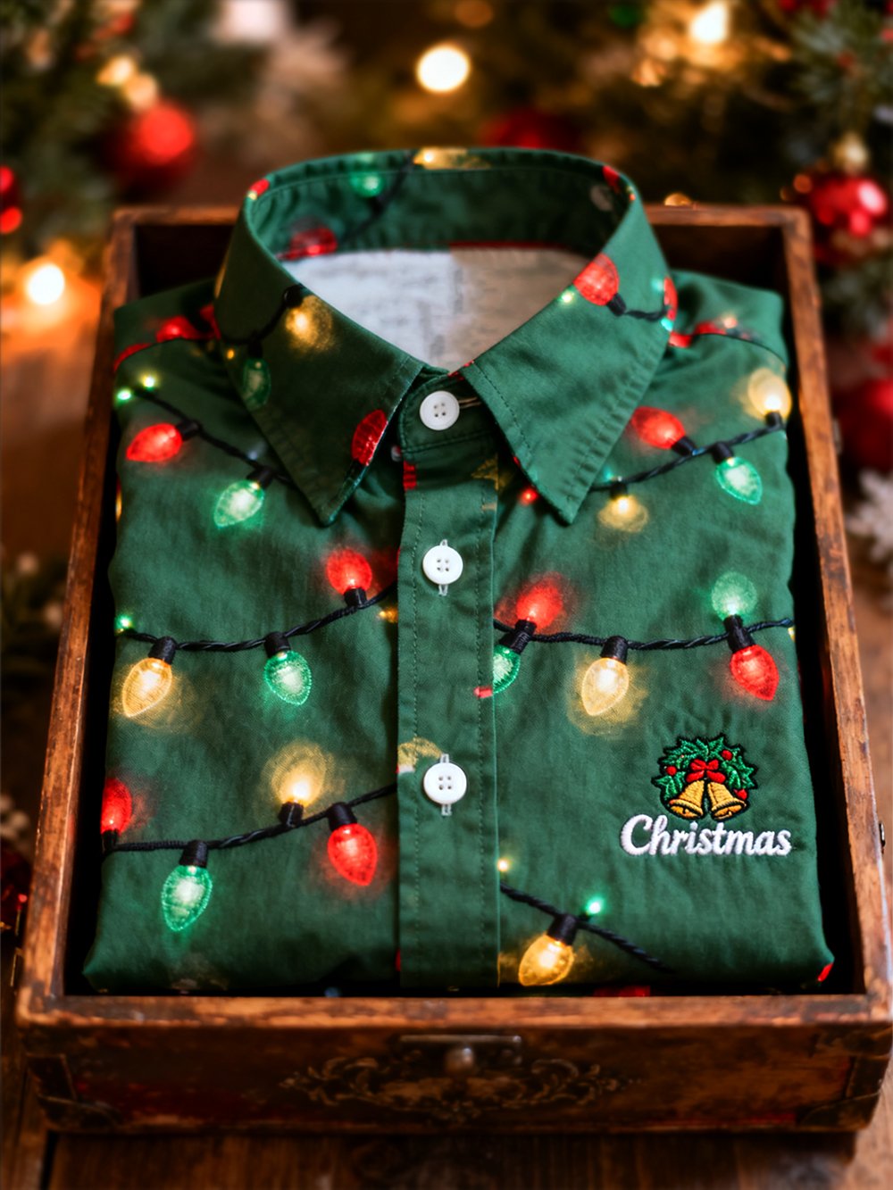 Camisa retro Christmas Lights Party estampado de manga larga para hombre
