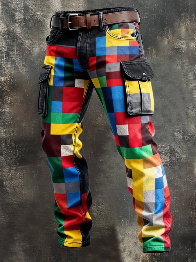 Pantalón retro en bloques de color desgastado bolsillo Cargo para hombre