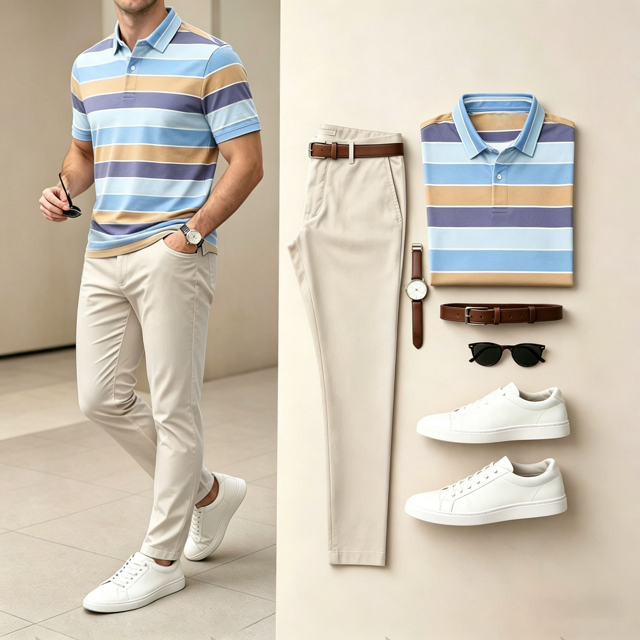 Camisa polo casual a rayas Color-Block estampado de manga corta And pantalón Set (Excludes Accessories Such As Watches And Belts) para hombre