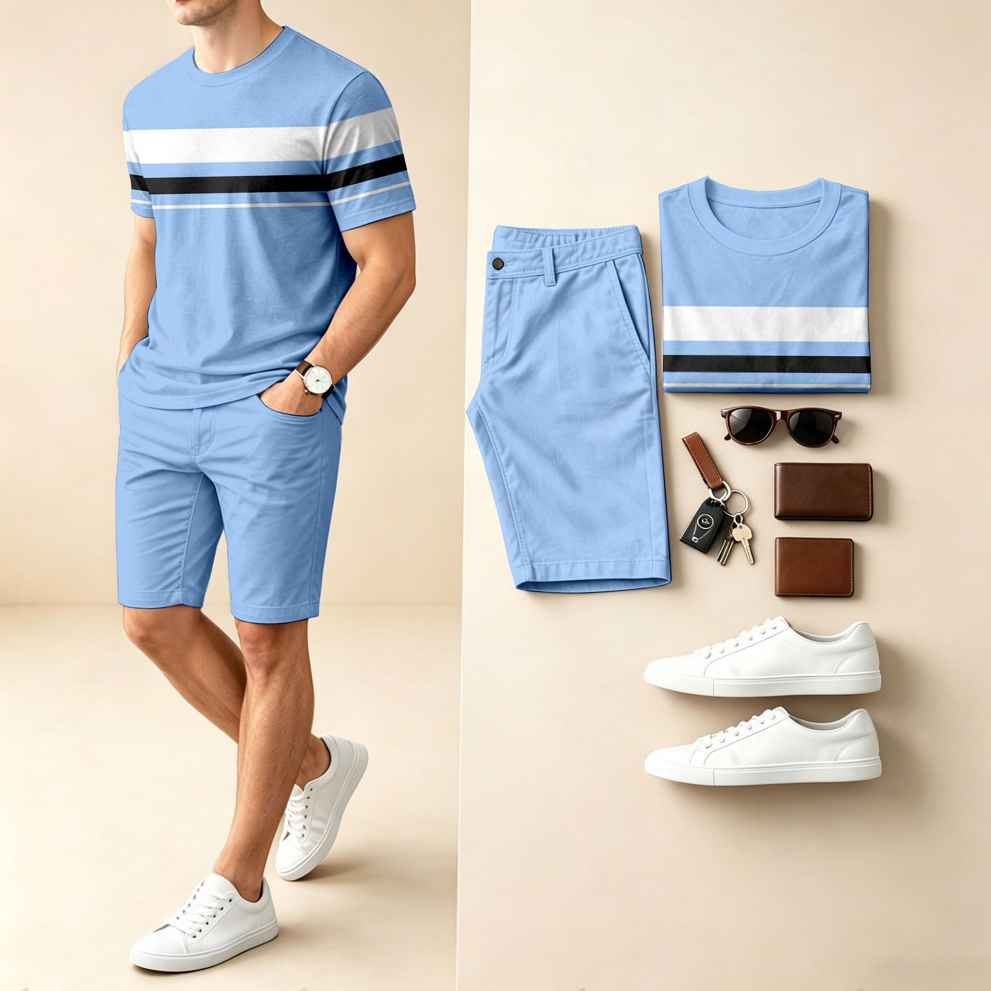 Conjunto de dos piezas casual a rayas Patchpara trabajo estampado Round-Neck de manga corta camiseta And shorts para hombre