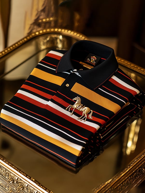 para hombre vintage ejecutivo Horse Logo Stripe Print de manga larga camisa polo
