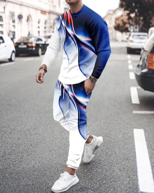 Casual color-block estampado color-block de manga larga sports set 019 para hombre