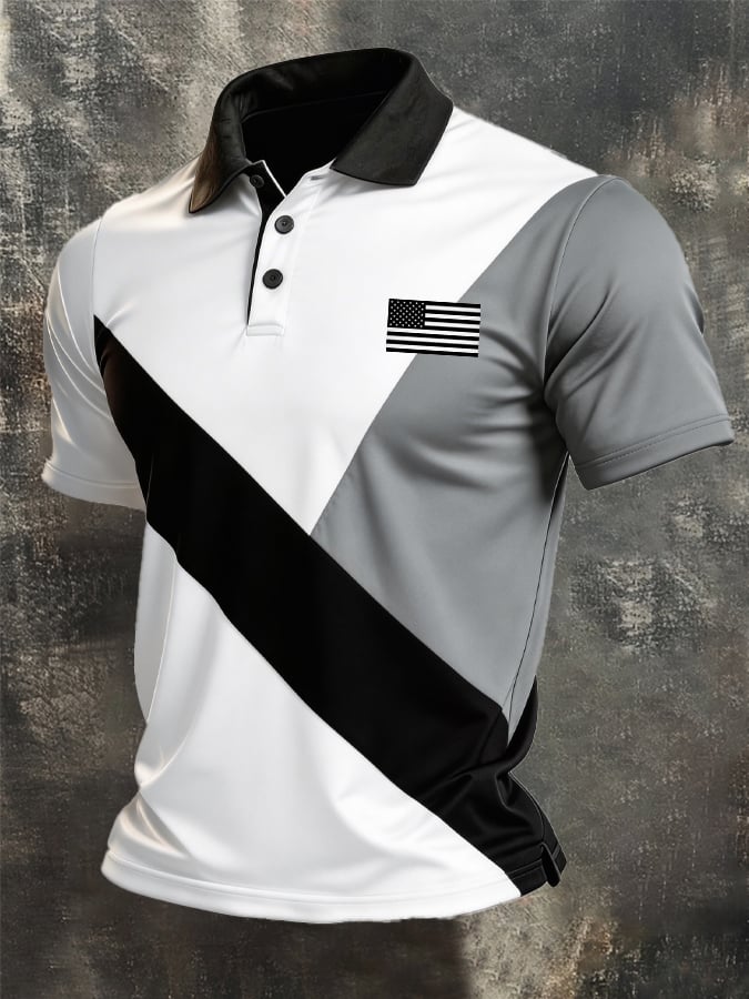 Camisa polo retro Patriotic Color-Block de manga corta para hombre