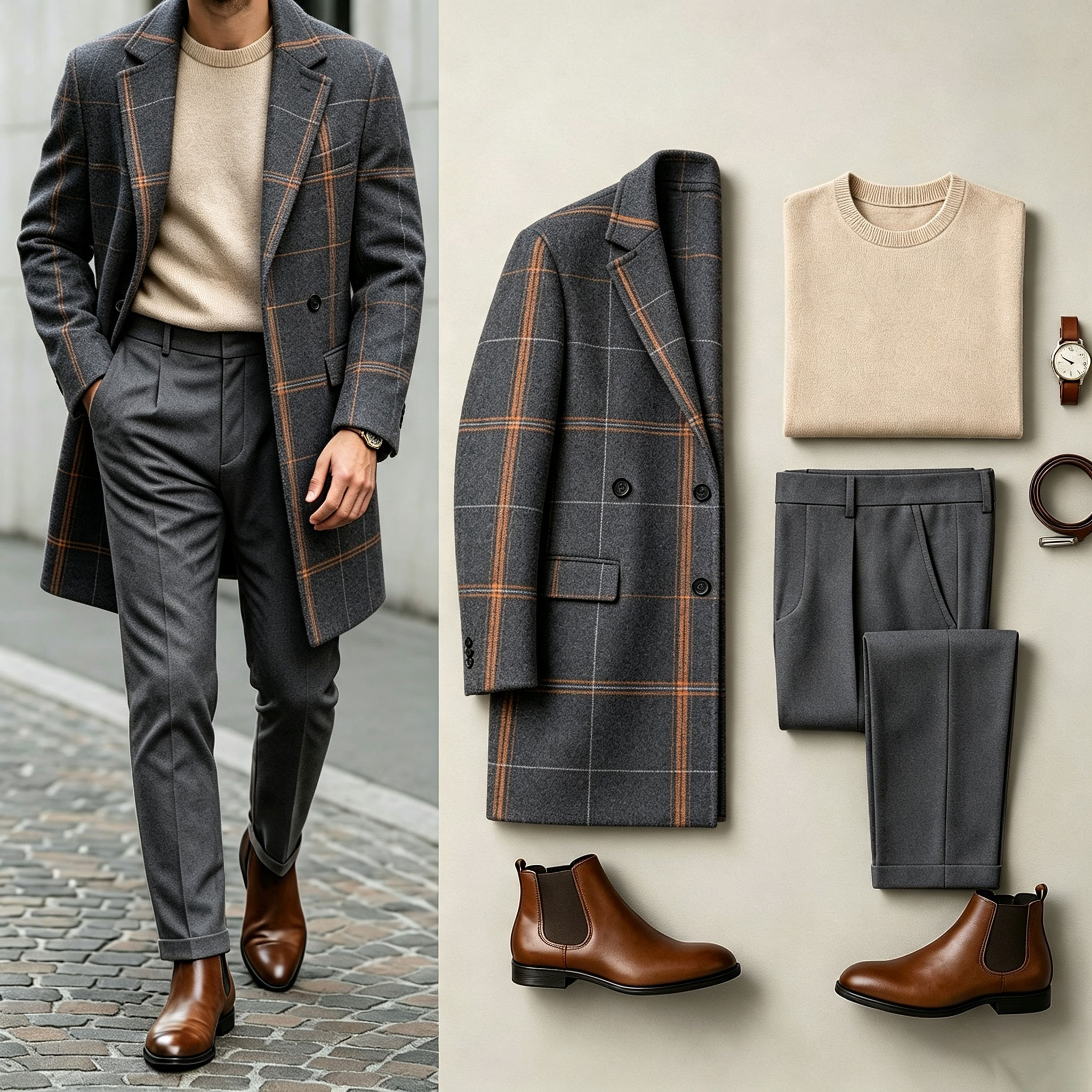 para hombre Three-Piece Set: Mid-Length Wool Coat, Crew-Neck Sweater, and Flowy Dress pantalón