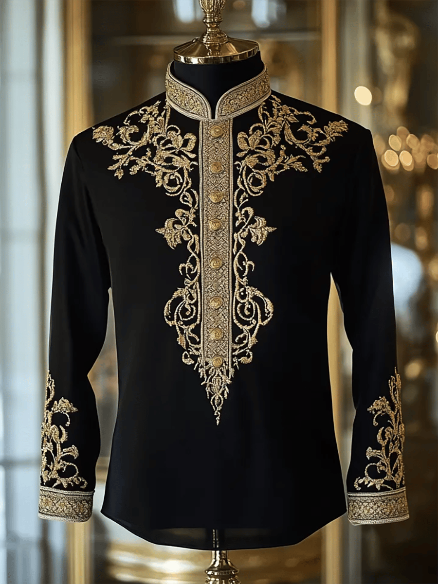 Camisa vintage de lujo Stand cuello de manga larga para hombre