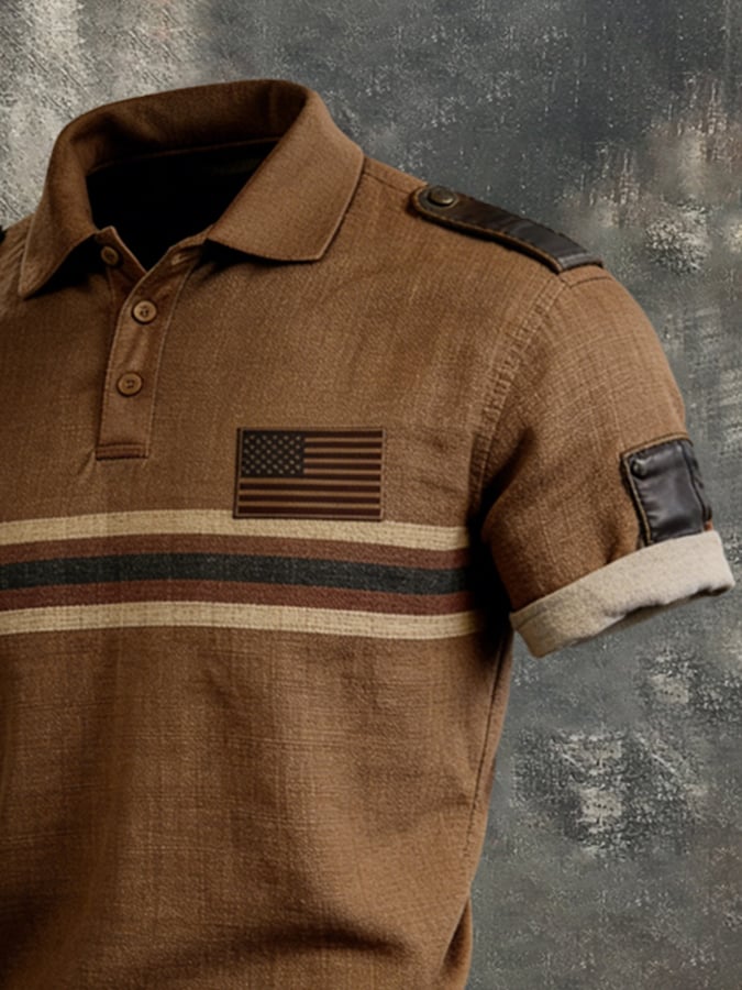 Camiseta retro Color-Block "Patriot" Polo-Collar casual de algodón-de lino para hombre