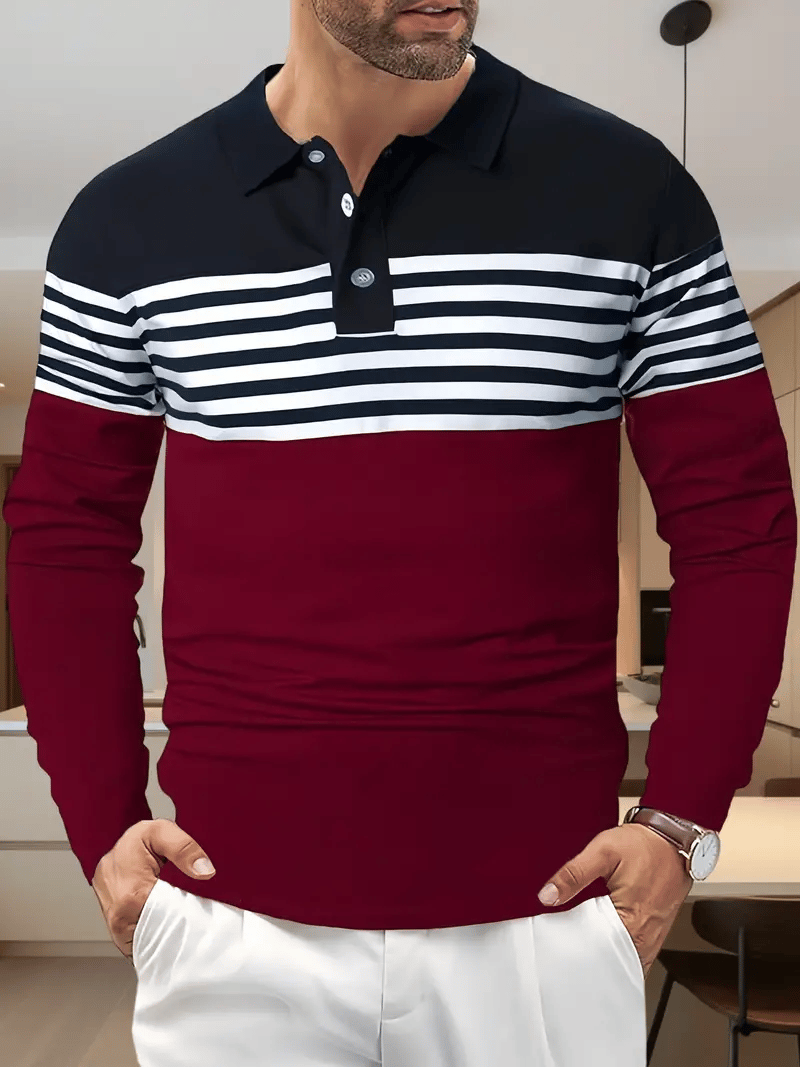 Camisa polo ejecutivo casual a rayas de manga larga para hombre