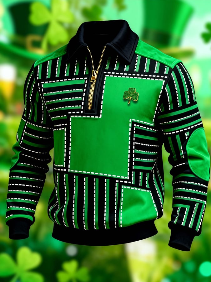 Sudadera (Detachable Shamrock Brooch Included) St. Patrick's Day estampado Color-Block con cierre con gorrasucha para hombre