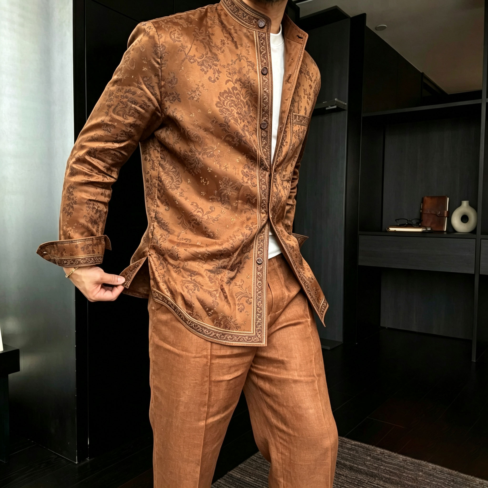 Conjunto de dos piezas casual Paisley-estampado Stand-Collar de manga larga camisa and pantalón para hombre