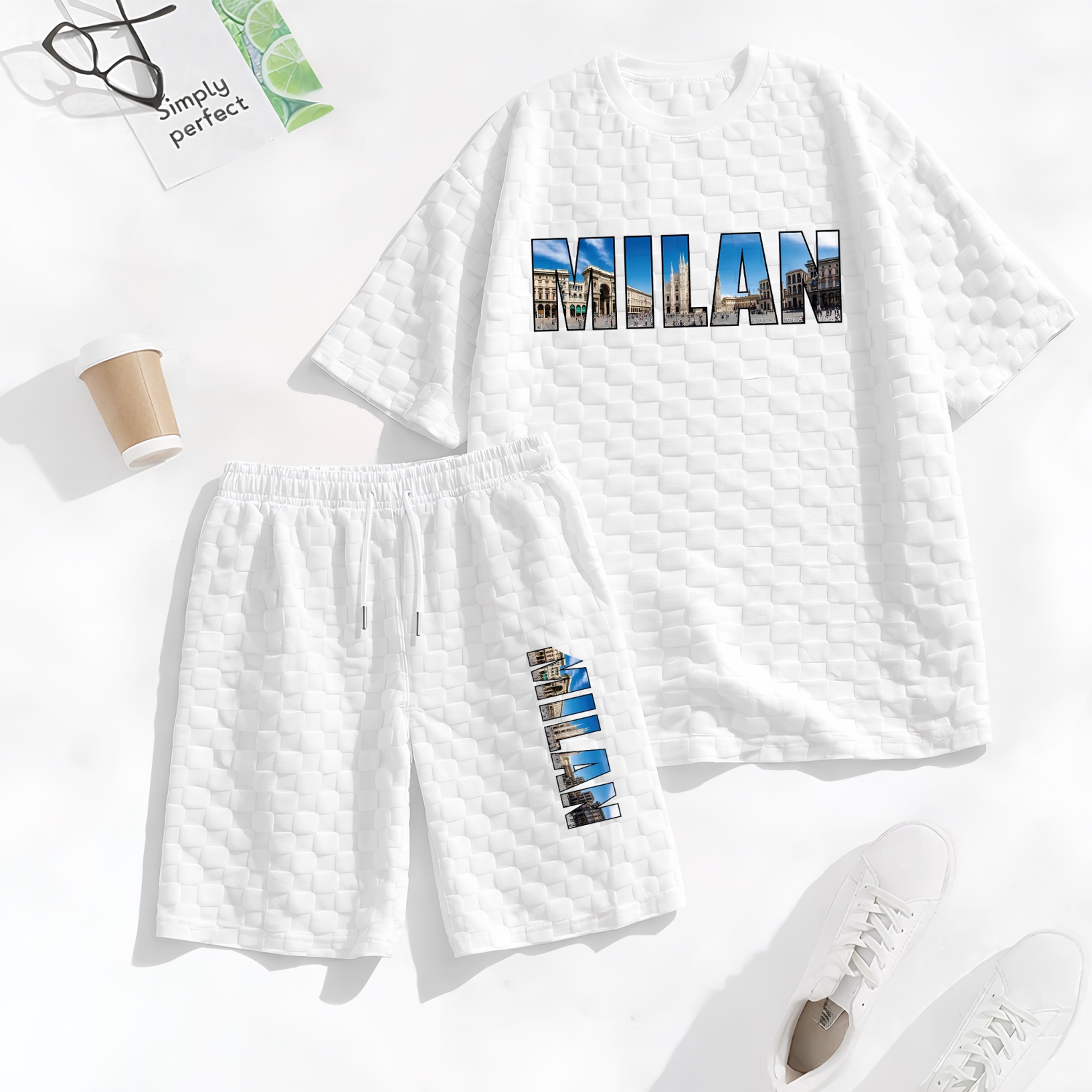 Camisa Spring and Summer Milan Letter estampado Checkered Fabric Drawstring shorts Set, casual Summer Outfit with de manga corta and shorts, Ideal for Everyday Wear and Sports Activities para hombre