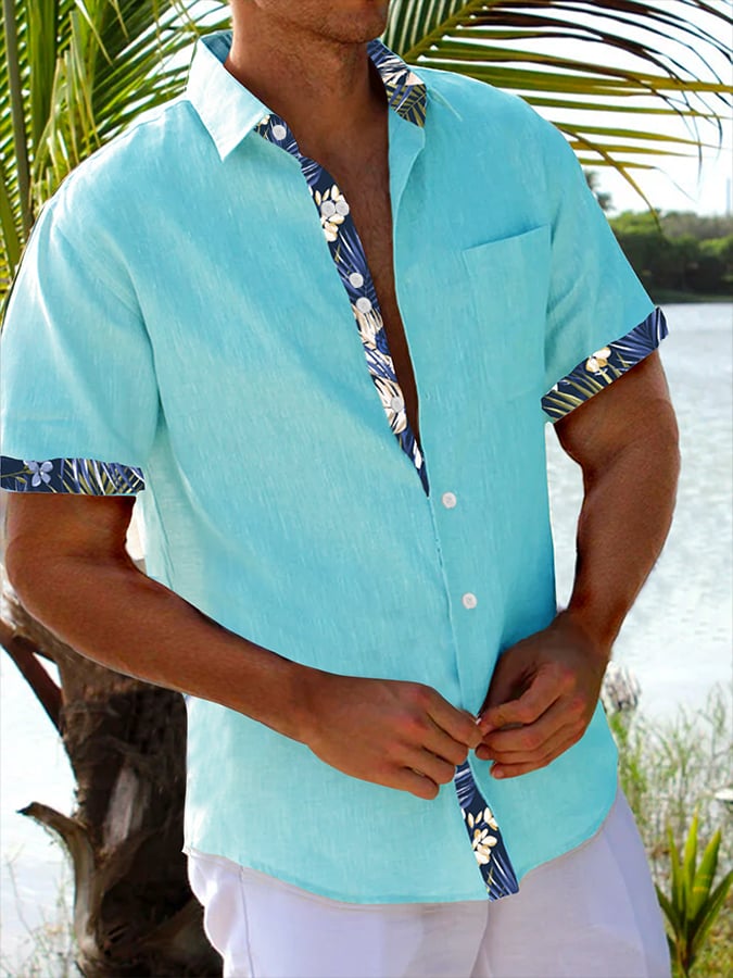 Camisa Resort Style Contrast estampado casual de manga corta para hombre