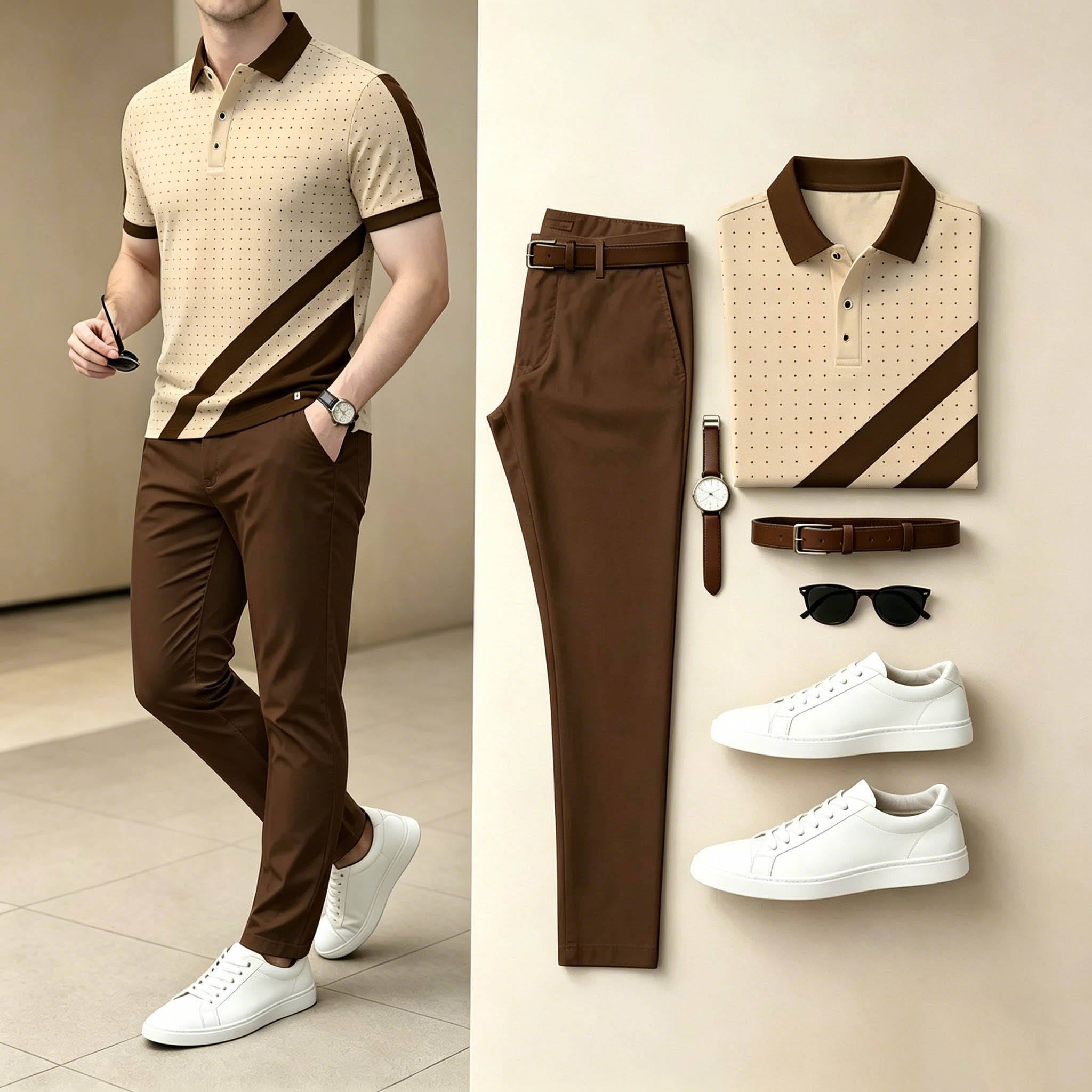 Conjunto de dos piezas casual Beige Dot Diagonal rayas camisa polo & Long pantalón para hombre