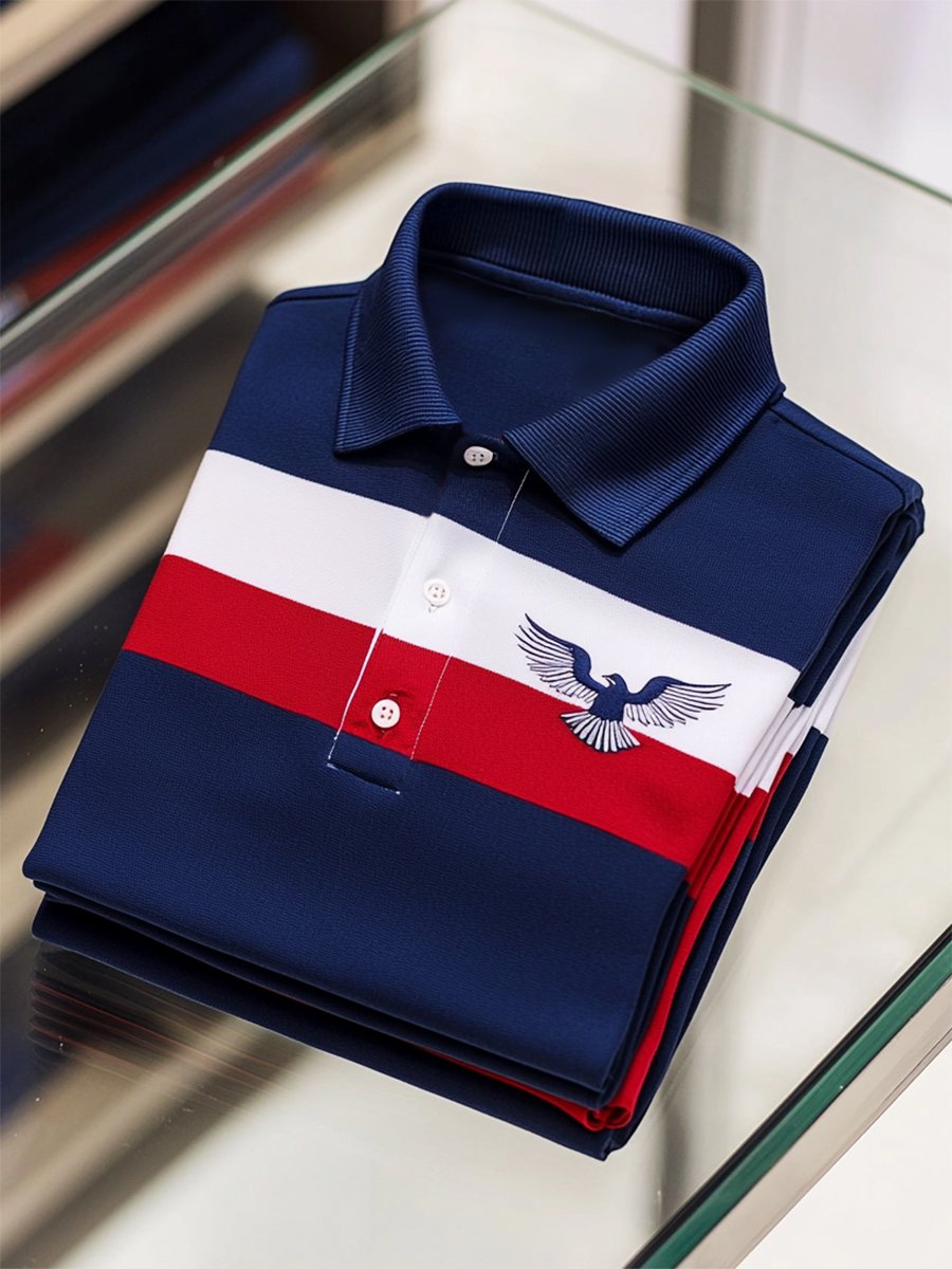 Camisa polo ejecutivo casual Independence Day a rayas Button de manga corta para hombre