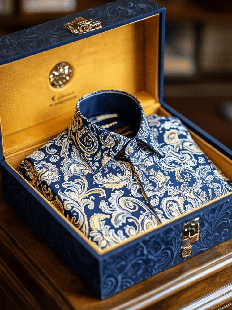 Camisa de lujo Romantic Contrast Color estampado de manga larga para hombre