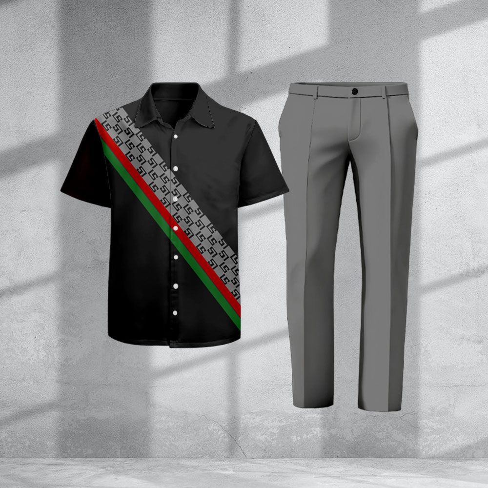 Conjunto de dos piezas casual Black a cuadros estampado camisa polo And pantalón para hombre