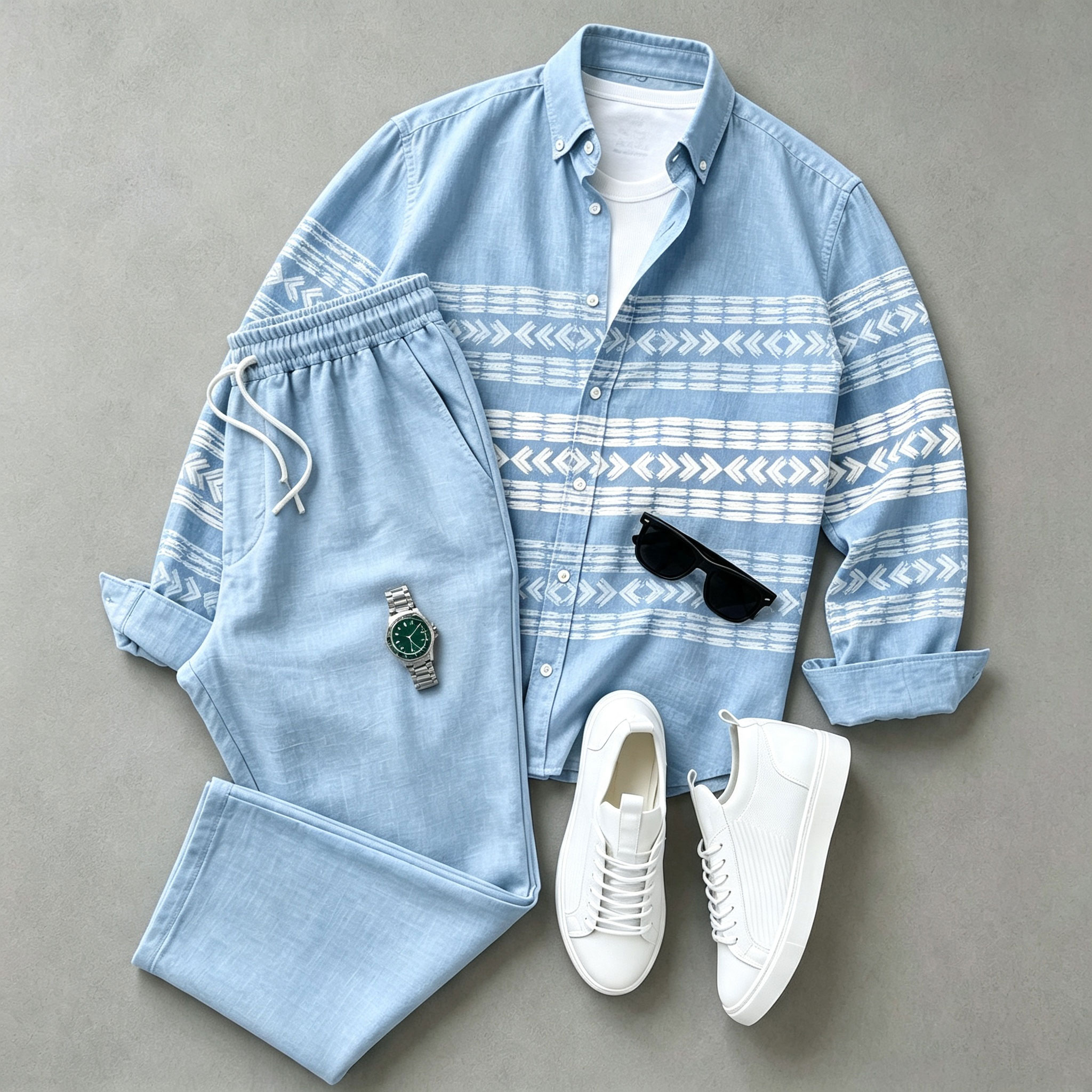 para hombre Blue estampado de manga larga camisa and pantalón Set