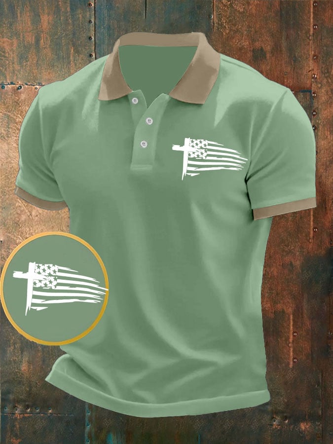 Camisa polo Cross American Flag estampado casual para hombre