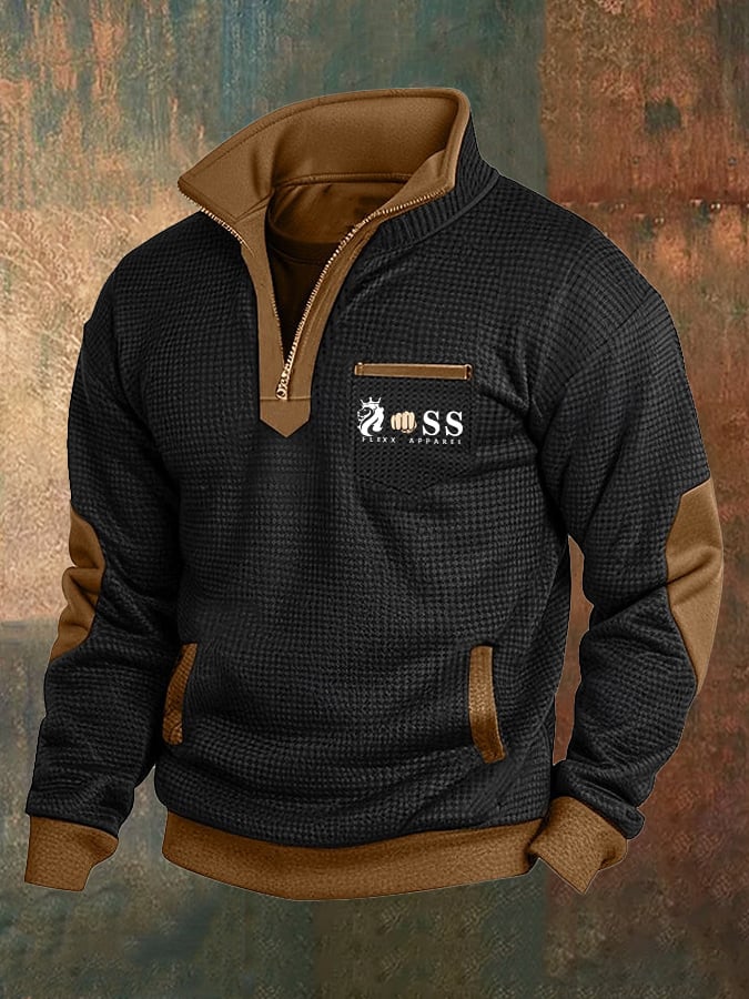 Sudadera retro Letter Design jacquard a cuadros Fabric Stand cuello para hombre