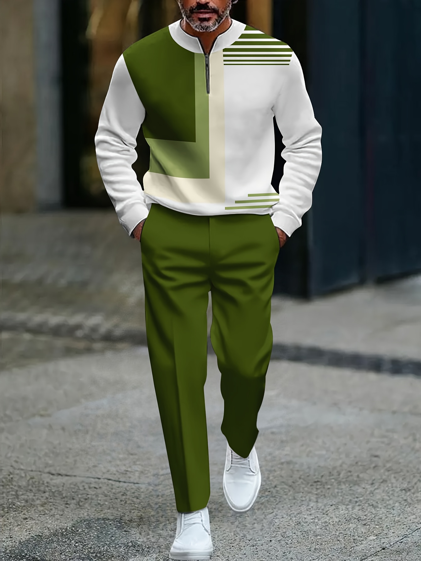 Conjunto de dos piezas casual Color Matching estampado Round-Neck Zipper de manga larga Trousers para hombre