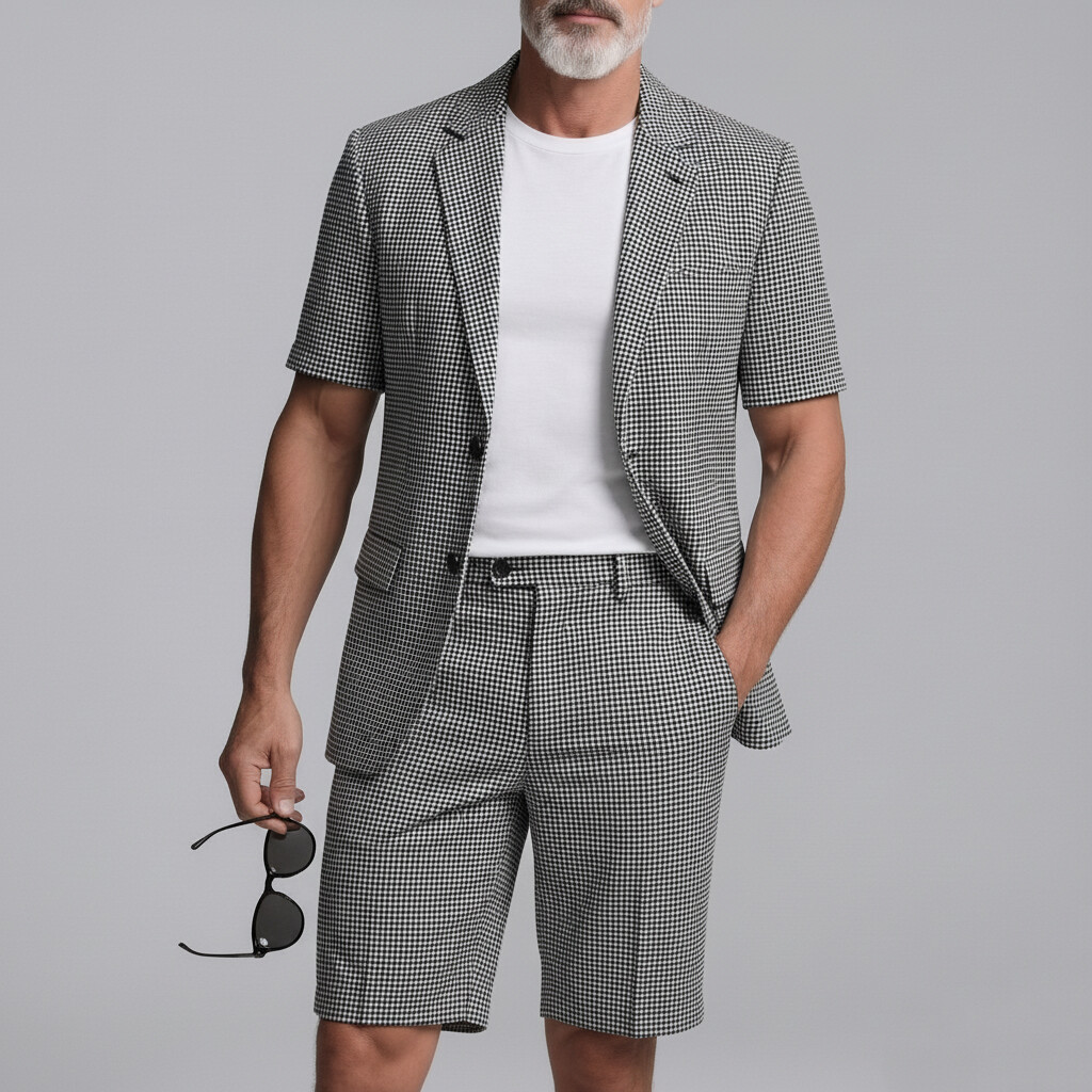 Saco Black a cuadros estampado Notched Lapel de manga corta & shorts ejecutivo casual 2Pcs Suit para hombre