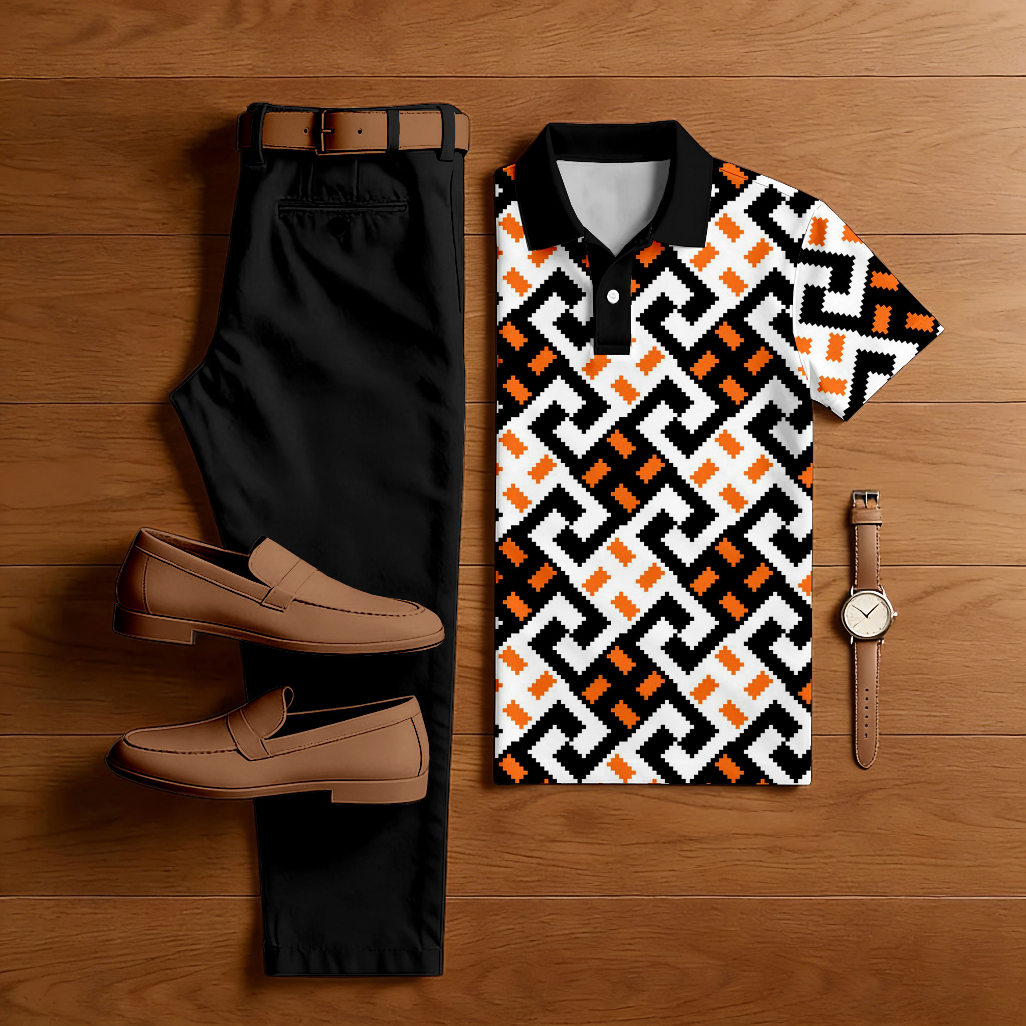Conjunto de dos piezas casual Black & White Color Matching retro Style estampado de manga corta camisa polo & Trousers para hombre