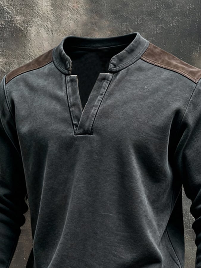 Sudadera vintage Pure de algodón Washed And desgastado Patchpara trabajo Color-Block de manga larga para hombre
