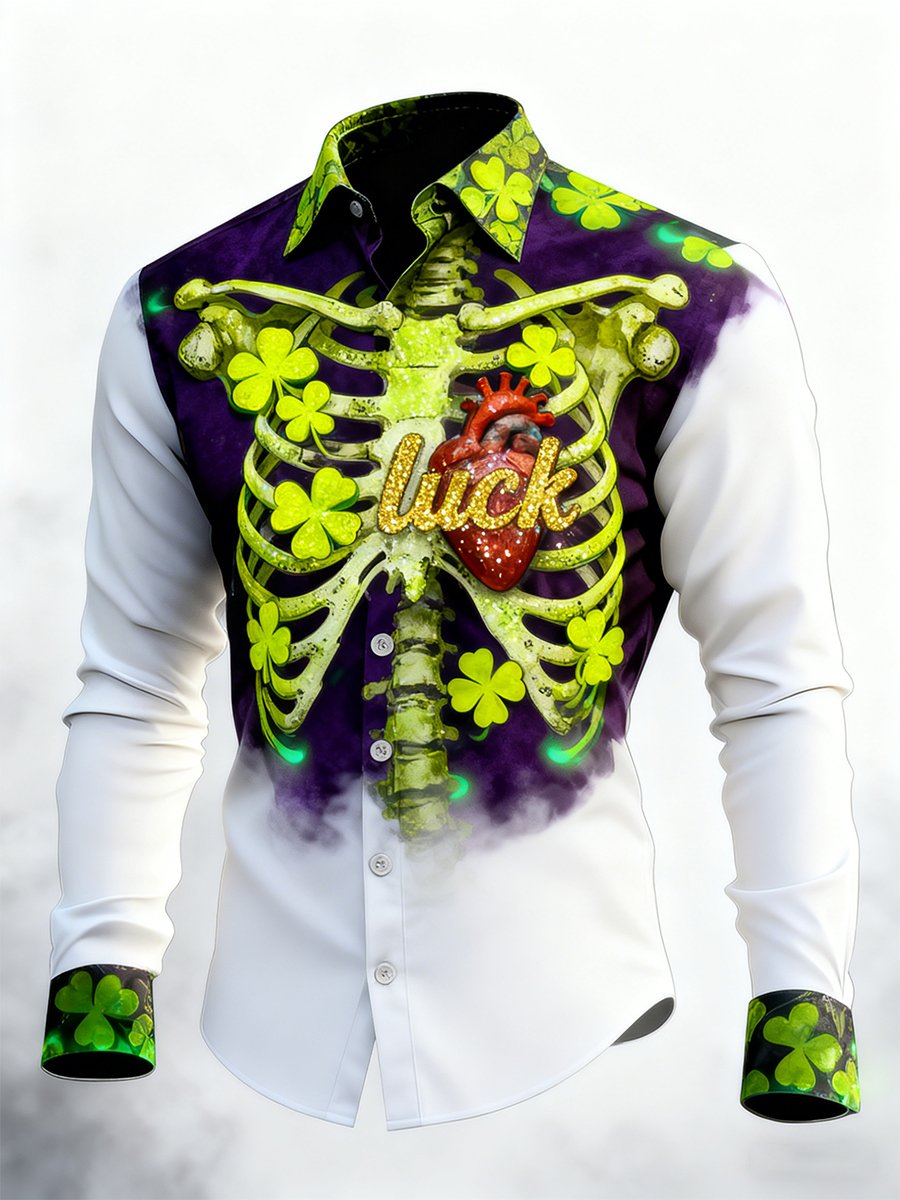 Camisa retro St. Patrick's Day Skull de manga larga para hombre