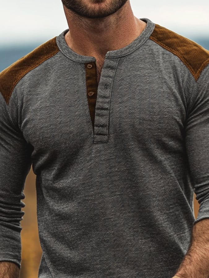 Camisa casual retro casual Colorblock de manga larga Henley para hombre