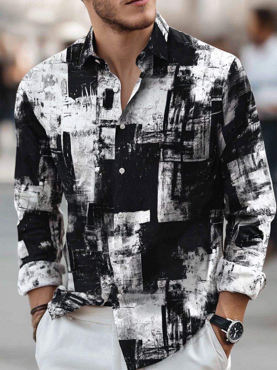 Camisa ejecutivo casual Bauhaus geométrico estampado de manga larga para hombre